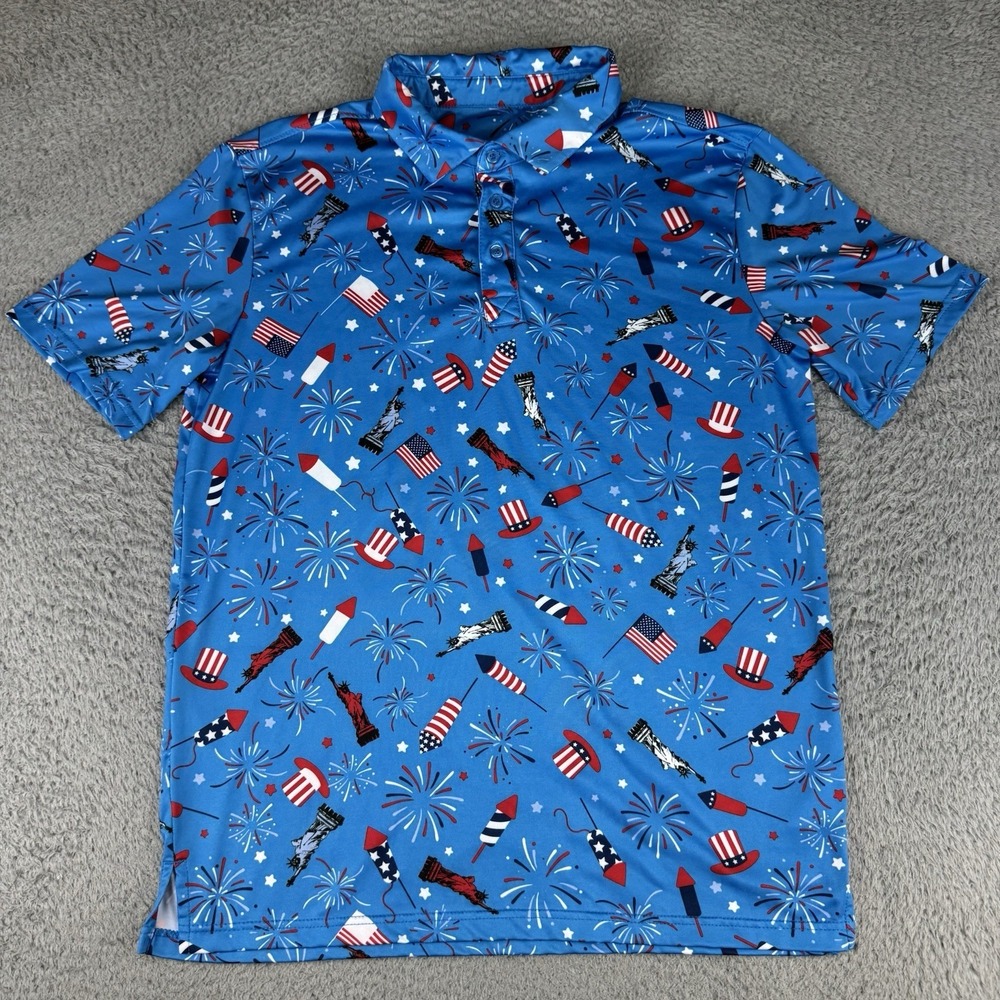 Aeroline Fitness Gear Men's Small Fireworks 4th Of July Print Polo Shirt Freedom
